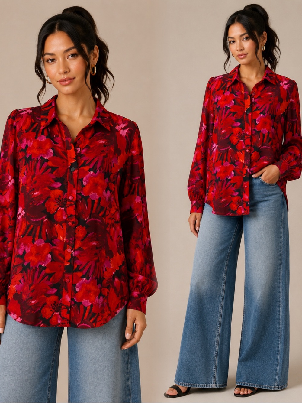 Red Floral Button-Down Shirt Blouse